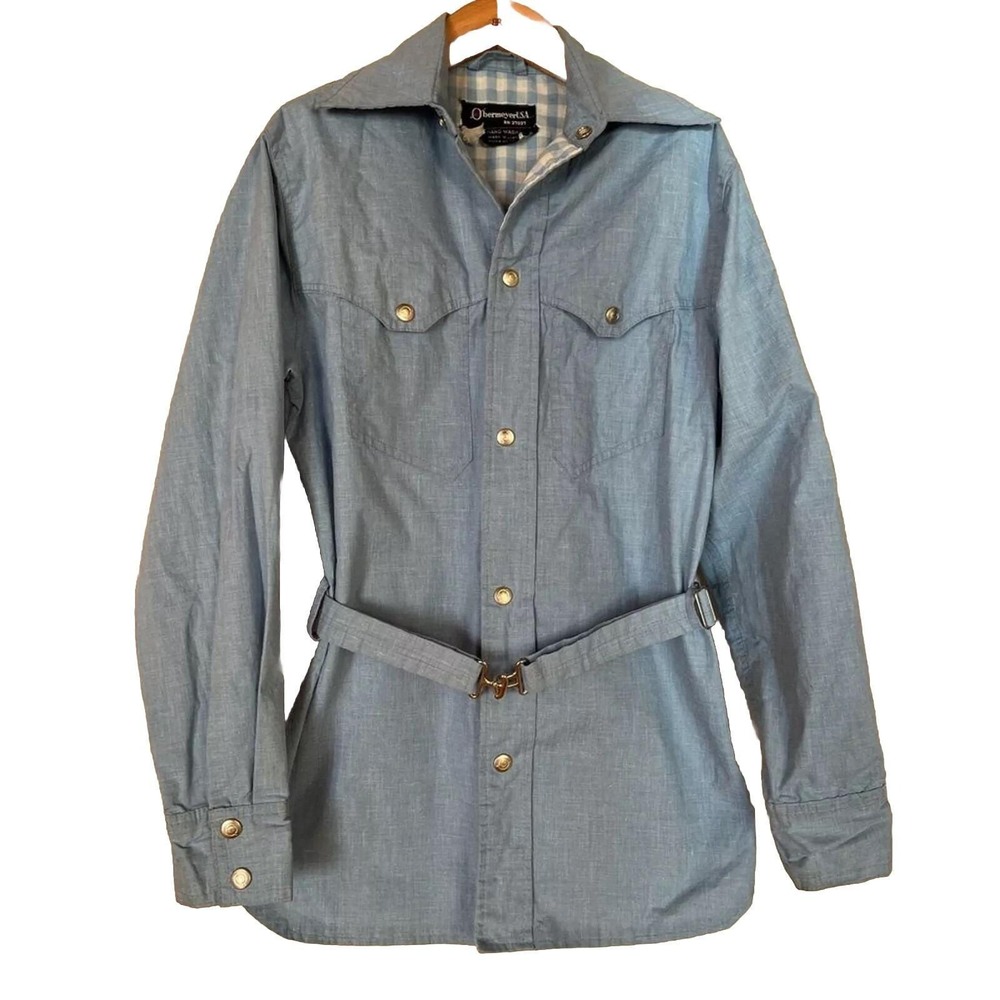 Obermeyer 70s Retro USA Women Western Blue Plaid Snap Front Belted Jacket‎ SZ M